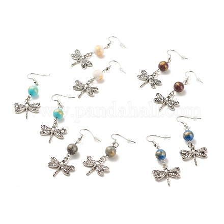 Jade mashan naturel rond avec boucles d'oreilles pendantes libellule en alliage EJEW-JE04855-1