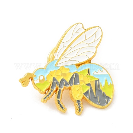 蜂と山のエナメルピン  バックパック服の合金バッジ  ゴールドカラー  カラフル  30x30x1.5mm JEWB-G014-B02-1