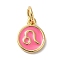 Real 18K Gold Plated Brass Enamel Charms, with Jump Ring, Long-Lasting Plated, Lead Free & Cadmium Free, Flat Round with Leo Charms, Pearl Pink, 10x8x1mm, Hole: 4mm