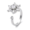 Snowflake Rotatable Open Cuff Rings for Women, Brass Micro Pave Clear Cubic Zirconia Fidget Spinner Rings, Platinum, 15.5x13.5mm, Inner Diameter: 17mm