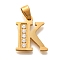 Ion Plating(IP) 304 Stainless Steel Rhinestone Pendants, Letter K, 17~19x10.5~18x2mm, Hole: 6.5x3.5mm