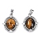 Natural Tiger Eye Oval Pendants, Brass Clear Cubic Zirconia Charms, Platinum, 18x15x4.5mm, Hole: 3.5x2.5mm