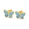 Butterfly with Evil Eye Real 18K Gold Plated Brass Stud Earrings, with Enamel and Cubic Zirconia, Deep Sky Blue, 9x12.5mm