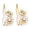 Brass Micro Pave Clear Cubic Zirconia Pendants, with White Shell, Bear with Flower Charms, Real 18K Gold Plated, 33x19x6.5mm, Hole: 2.5x4.5mm