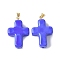 Handmade Lampwork with Brass Pendants, Cross, Royal Blue, 29.5x19.5x7.5mm, Hole: 3.5x4.5mm