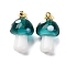 Handmade Lampwork Pendants, Mushroom, with Rack Plating Golden Tone Brass Findings, Long-Lasting Plated, Golden, Teal, 19~21x11~13mm, Hole: 4.5x3.5mm