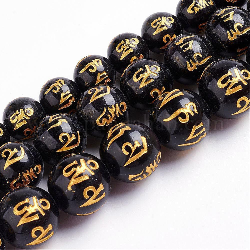 Bracelet Perles Obsidienne Noire Gravé Om Mani Padme Hum - Fait Main - Sur Mesure