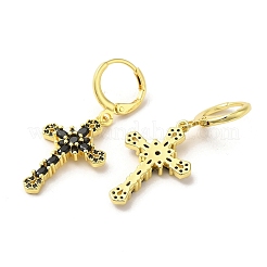 クロス リアル 18K ゴールド メッキ ブラス ダングル レバーバック イヤリング  キュービックジルコニアとガラスと  ブラック  39x17.5mm&nbsp;EJEW-L268-036G-02