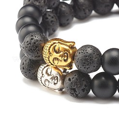 2 pièces 2 couleurs pierre de lave naturelle et bracelets extensibles en pierre noire synthétique sertis de tête de bouddha&nbsp;BJEW-JB07707