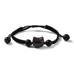 猫の頭の樹脂製脳ビーズブレスレット  女性用の調節可能なワックスコードブレスレット  ブラック  内径：1-1/2~2-7/8インチ（3.9~7.2cm）&nbsp;BJEW-L701-02B