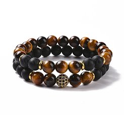 2 шт. натуральный смешанный камень и латунные кубические циркониевые бусины стрейч браслеты набор для женщин мужчин BJEW-JB08942