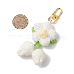 手作りかぎ針編みのコットン製桜の花の吊り飾り  合金回転式ナスカン付き  ホワイト  95~118mm&nbsp;HJEW-JM02667-05