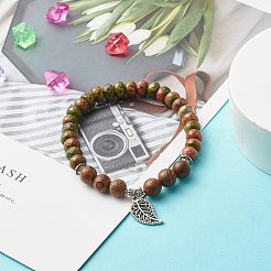 Bracelet extensible reiki perles de bois naturel unakite & wengé&nbsp;BJEW-JB06896-05