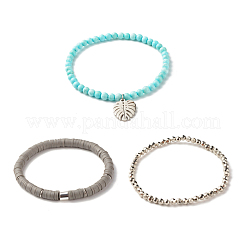 3 pz 3 stile fatto a mano in argilla polimerica heishi e braccialetti elastici con perline howlite naturale con fascino foglia per le donne&nbsp;BJEW-JB07589