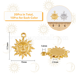 20個2色304ステンレスペンダント  人間の顔を持つ太陽  ゴールデン·ステンレス鋼色  17.5x15x2.5mm  穴：1.6mm  10個/カラー&nbsp;STAS-DC0013-21