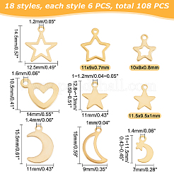 108個18スタイル201ステンレススチール＆304ステンレススチールペンダント  スター＆ハート＆ムーン  ゴールデン·ステンレス鋼色  6個/スタイル&nbsp;STAS-PH0003-38