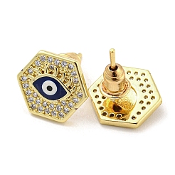 ナザールボンジュウ 本物の 18K 金メッキ 真鍮 スタッド イヤリング  エナメルとクリアなキュービックジルコニア  六角  10.5x12mm&nbsp;EJEW-L269-087G-02