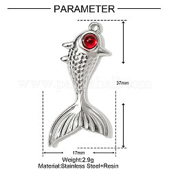 304ステンレスペンダント  魚のチャーム  樹脂と  レッド  ステンレス鋼色  36~37x17mm&nbsp;STAS-OY001-11P