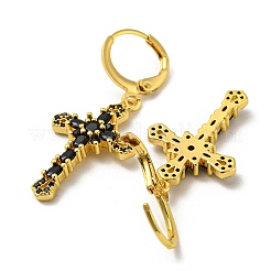 本物の18K金メッキ真鍮ダングルフレンチフックピアス  ガラスと  クロス  ブラック  38x16mm&nbsp;EJEW-A033-03G-02