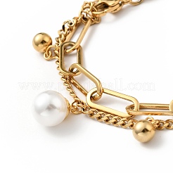 Pulsera de varios hilos con dije de bola redonda y perla de plástico&nbsp;BJEW-G639-10G