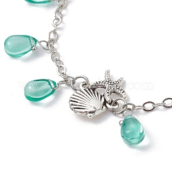 Браслеты в форме раковины морской звезды из сплава со стеклянными каплевидными подвесками&nbsp;BJEW-JB09983-02
