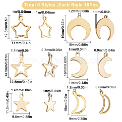 60個6スタイル304ステンレススチールチャーム  月と星  ゴールドカラー  11.5~16x9~12.5x0.7~1mm  穴：1~1.4mm  10個/スタイル&nbsp;STAS-SC0004-03