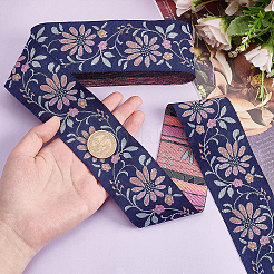10ヤードのエスニックスタイルの刺繍ポリエステルリボン  花と葉の模様  スチールブルー  2インチ（50mm）&nbsp;OCOR-WH0067-77B
