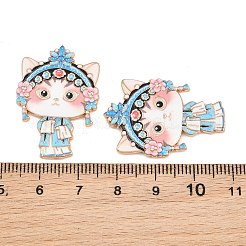 京劇の猫の合金エナメルカボション  粘着ステッカー付き  ライトゴールド  アクア  32x22x1.5mm&nbsp;AL-CBA1A6F-04KCG-C