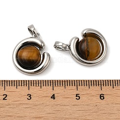 天然石タイガーアイペンダント  真鍮の半円チャーム  プラチナメッキ  19x16x6mm  穴：4x3mm&nbsp;KK-M270-40P
