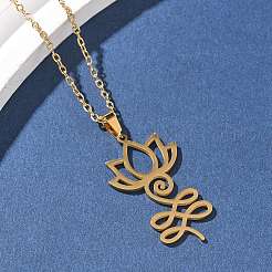 Ожерелья из полой нержавеющей стали 304 с подвеской в виде цветка лотоса в форме ом для йоги&nbsp;NJEW-Z073-02G-02