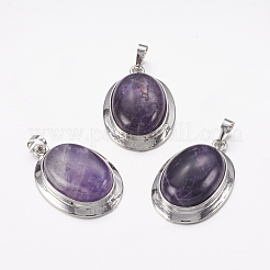天然石アメジストペンダント  白金トーン合金パーツ  オーバル  37x25x10mm  穴：4x8mm&nbsp;G-K252-A04