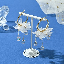 アクリル、ガラス、シェルパールフープピアス（女性用）  花  ホワイト  ゴールドカラー  63x31mm&nbsp;EJEW-TA00564