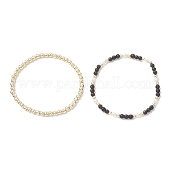 2 bracciale elastico con perle di ossidiana naturale&nbsp;BJEW-JB12938-01