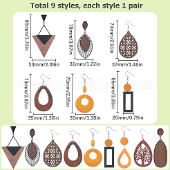 9 par de pendientes colgantes de madera natural de 9 estilos con forma de lágrima&nbsp;EJEW-SC0001-35