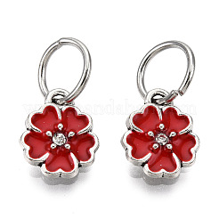 エナメル風の花の合金ラインストーンチャーム  鉄パーツ  アンティークシルバー  レッド  13.5x11x3mm  穴：6mm&nbsp;ENAM-S085-03