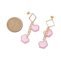 Boucles d'oreilles à tige en forme de cœur avec perles de verre faites à la main&nbsp;EJEW-MZ00279-03