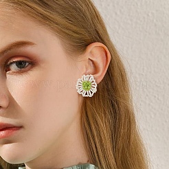 シードビーズフラワースタッドピアス  女性のための真鍮のアクセサリー  ゴールドカラー  グリーン  27mm  ピン：0.8mm&nbsp;EJEW-TA00198