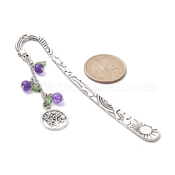 Закладки из смешанного натурального окрашенного белого нефрита/окрашенного малайзийского нефрита/лимонного нефрита с листьями и древом жизни AJEW-JK00286