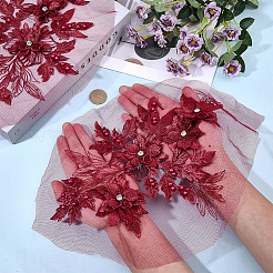 花ポリエステル刺繍飾りアクセサリー  レースの縫い付け衣類パッチ  ウェディングドレスに適しています  パフォーマンスウェア  暗赤色  320x230x7mm&nbsp;DIY-WH0061-029