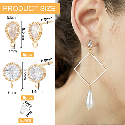 12 шт. 2 стиля плоских круглых и каплевидных сережек-гвоздиков из латуни с кубическим цирконием ZIRC-BC0001-24