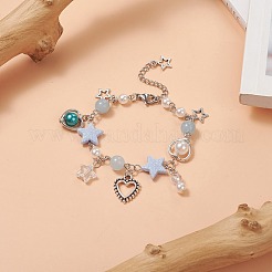 Braccialetto in lega con ciondolo a forma di cuore e stella con perline finte in plastica abs per le donne&nbsp;BJEW-JB09309
