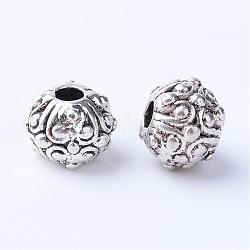 Perles en alliage de style tibétain, ronde avec des fleurs, sans cadmium et sans plomb, argent antique, 11x8~8.5mm, Trou: 3mm, environ 375 pcs/1000 g