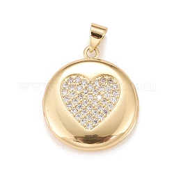 Brass Micro Pave Cubic Zirconia Locket Pendants, Photo Frame Charms for Necklaces, Real 18K Gold Plated, Lead Free & Cadmium Free, Flat Round with Heart, Clear, 23x20x5mm, Hole: 4X3mm, Inner Diameter: 15mm
