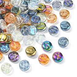 100pcs perle di vetro, rotonda e piatta con la lettera iniziale, colore misto, 9.5~10x4.5mm, Foro: 1 mm