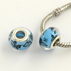 Large Hole Butterfly Pattern Acrylic European Beads, with Platinum Plated Brass Double Cores, Rondelle, Deep Sky Blue, 14x9mm, Hole: 5mm