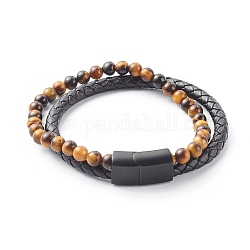 Bracelets multi-rangs en perles rondes en oeil de tigre naturel, avec cuir de vachette tressé, chocolat, 8-7/8 pouce (22.5 cm)
