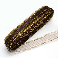 Mesh Ribbon, Plastic Net Thread Cord, with Golden Metallic Cord, Coconut Brown, 7cm, 25yards/bundle