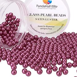 Cuentas redondas abalorios de vidrio nacarado, teñido, rojo violeta medio, 6mm, agujero: 0.7~1.1 mm, aproximamente 400 unidades / caja