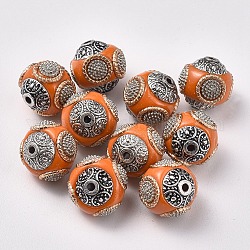 Индонезийские бусины ручной работы, со сплавочными ядрами, круглые, старинное серебро и светлое золото, темно-оранжевый, 14~16x14~16 мм, отверстие : 1.5 мм
