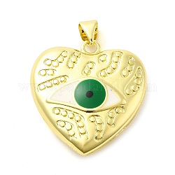 Real 18K Gold Plated Brass Pendants, with Enamel, Heart with Eye Charm, Green, 25x23.5x6mm, Hole: 5x3.5mm